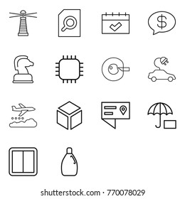 Thin line icon set : lighthouse, search document, calendar, money message, chess horse, chip, cell corection, electric car, weather management, 3d, location details, power switch