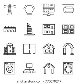 Thin line icon set : lighthouse, hex molecule, server, nano tube, bridge, skyscraper, modular house, panel, building, plan, arch, washing machine, hierarchy, barn