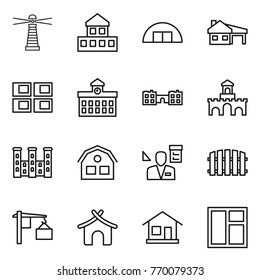 Thin line icon set : lighthouse, cottage, hangare, house with garage, panel, university, school, fort, palace, architector, fence, loading, bungalow, home, window