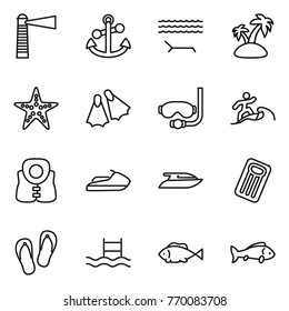 Thin line icon set : lighthouse, anchor, lounger, island, starfish, flippers, diving mask, surfer, life vest, jet ski, yacht, inflatable mattress, flip flops, pool, fish