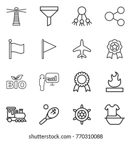 Thin line icon set : lighthouse, funnel, share, flag, plane, medal, bio, presentation, flammable, train, tennis, handwheel, handle washing