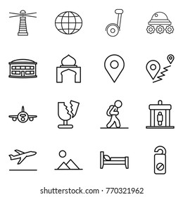 Thin line icon set : lighthouse, globe, segway, lunar rover, airport building, minaret, geo pin, route, plane, broken, tourist, detector, departure, landscape, bed, do not distrub