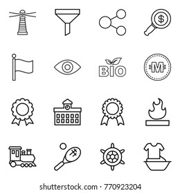 Thin line icon set : lighthouse, funnel, share, dollar magnifier, flag, eye, bio, crypto currency, medal, university, flammable, train, tennis, handwheel, handle washing