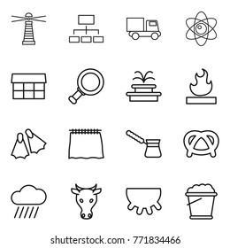 Thin line icon set : lighthouse, hierarchy, truck, atom, market, magnifier, fountain, flammable, flippers, curtain, turk, pretzel, rain cloud, cow, udder, foam bucket