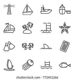 Thin line icon set : lighthouse, boat, sea shipping, port, sail, island, pool, starfish, flippers, palm hammock, shark flipper, inflatable mattress, windsurfing, jellyfish, fish