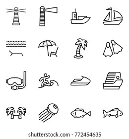 Thin line icon set : lighthouse, sea shipping, sail boat, lounger, palm, flippers, diving mask, surfer, jet ski, cruise ship, hammock, jellyfish, fish