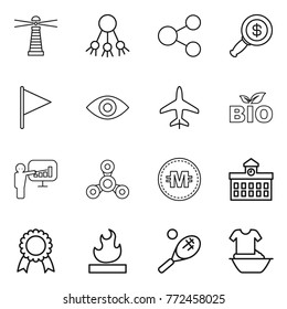 Thin line icon set : lighthouse, share, dollar magnifier, flag, eye, plane, bio, presentation, spinner, crypto currency, university, medal, flammable, tennis, handle washing