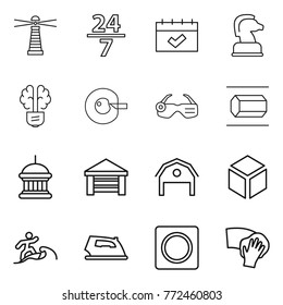 Thin line icon set : lighthouse, 24 7, calendar, chess horse, bulb brain, cell corection, smart glasses, nano tube, goverment house, garage, barn, 3d, surfer, iron, ring button, wiping