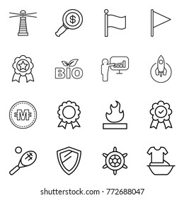 Thin line icon set : lighthouse, dollar magnifier, flag, medal, bio, presentation, rocket, crypto currency, flammable, tennis, shield, handwheel, handle washing