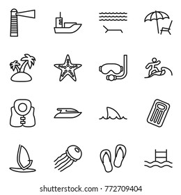 Thin line icon set : lighthouse, sea shipping, lounger, island, starfish, diving mask, surfer, life vest, yacht, shark flipper, inflatable mattress, windsurfing, jellyfish, flip flops, pool