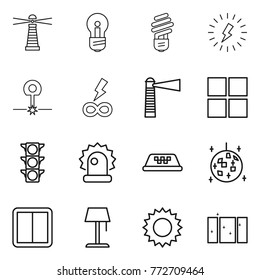 Thin line icon set : lighthouse, bulb, lightning, laser, infinity power, window, traffic light, alarm, taxi, disco ball, switch, floor lamp, sun, clean