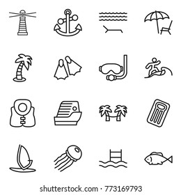 Thin line icon set : lighthouse, anchor, lounger, palm, flippers, diving mask, surfer, life vest, cruise ship, hammock, inflatable mattress, windsurfing, jellyfish, pool, fish
