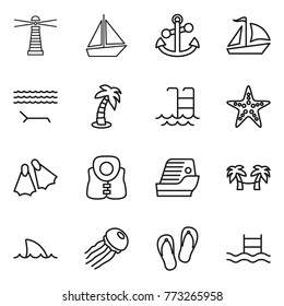 Thin line icon set : lighthouse, boat, anchor, sail, lounger, palm, pool, starfish, flippers, life vest, cruise ship, hammock, shark flipper, jellyfish, flip flops