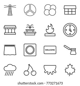 Thin line icon set : lighthouse, diagram, atom core, market, fountain, flammable, watch, curtain, ring button, welcome mat, turk, rain cloud, cherry, udder, maple leaf