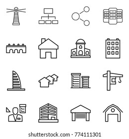 Thin line icon set : lighthouse, hierarchy, molecule, server, bridge, home, mansion, building, skyscraper, houses, district, tower crane, architector, office, garage, barn