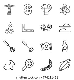 Thin line icon set : lighthouse, dollar, parachute, atom, infinity power, ruler, palm hammock, slippers, whisk, fork spoon plate, ketchup, rabbit, viruses, peas, bug