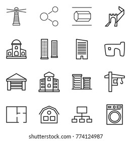 Thin line icon set : lighthouse, molecule, nano tube, greate wall, mansion, skyscrapers, skyscraper, slum, garage, building, district, tower crane, plan, house, hierarchy, washing machine