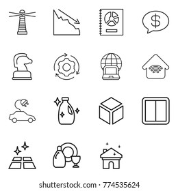 Thin line icon set : lighthouse, crisis, annual report, money message, chess horse, around gear, notebook globe, wireless home, electric car, cleanser, 3d, power switch, clean floor, dish