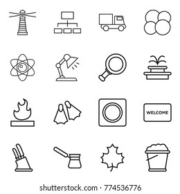 Thin line icon set : lighthouse, hierarchy, truck, atom core, table lamp, magnifier, fountain, flammable, flippers, ring button, welcome mat, knife holder, turk, maple leaf, foam bucket