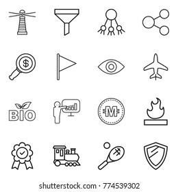 Thin line icon set : lighthouse, funnel, share, dollar magnifier, flag, eye, plane, bio, presentation, crypto currency, flammable, medal, train, tennis, shield