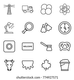 Thin line icon set : lighthouse, truck, atom core, table lamp, magnifier, flippers, watch, ring button, welcome mat, turk, pretzel, cow, udder, maple leaf, foam bucket