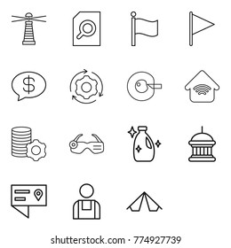 Thin line icon set : lighthouse, search document, flag, money message, around gear, cell corection, wireless home, virtual mining, smart glasses, cleanser, goverment house, location details, workman