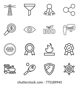 Thin line icon set : lighthouse, funnel, share, dollar magnifier, eye, bio, presentation, crypto currency, medal, flammable, train, tennis, shield, handwheel