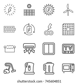 thin line icon set : lightning, sun power, windmill, battery, charge, infinity, cpu, electrostatic, air conditioning, switch, tv, vacuum cleaner, kettle, microwave oven
