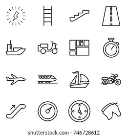 thin line icon set : lightning, stairs, road, sea shipping, scooter, consolidated cargo, stopwatch, plane, train, sail boat, motorcycle, escalator, barometer, watch, horse