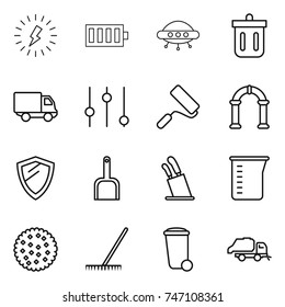 thin line icon set : lightning, battery, ufo, bin, delivery, equalizer, repair, arch, shield, scoop, stands for knives, measuring cup, cookies, rake, trash, truck