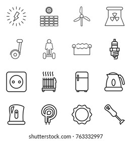 Thin line icon set : lightning, sun power, windmill, nuclear, hoverboard, electrostatic, spark plug, socket, radiator, fridge, kettle, elecric oven, induction, blender