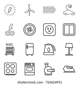 Thin line icon set : lightning, windmill, battery, electric car, infinity power, cooler fan, socket, switch, radiator, fridge, kettle, floor lamp, hob, oven, water pump, iron