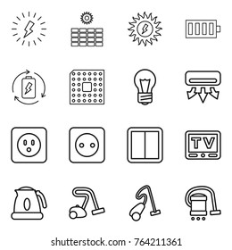 Thin line icon set : lightning, sun power, battery, charge, cpu, bulb, air conditioning, socket, switch, tv, kettle, vacuum cleaner