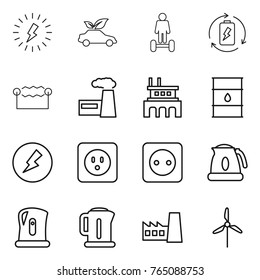 Thin line icon set : lightning, eco car, hoverboard, battery charge, electrostatic, factory, barrel, electricity, power socket, kettle, windmill