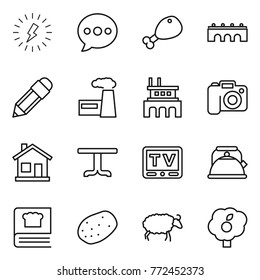 Thin Line Icon Set : Lightning, Balloon, Chicken Leg, Bridge, Pencil, Factory, Camera, Home, Table, Tv, Kettle, Cooking Book, Potato, Sheep, Garden