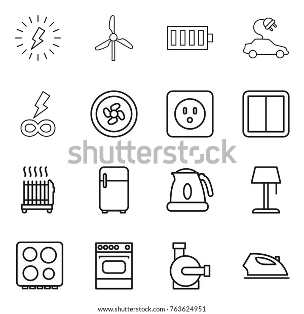 Thin line\
icon set : lightning, windmill, battery, electric car, infinity\
power, cooler fan, socket, switch, radiator, fridge, kettle, floor\
lamp, hob, oven, water pump,\
iron