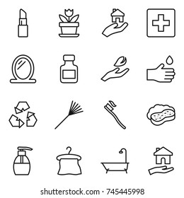 thin line icon set : lipstick, flower, real estate, first aid, mirror, pills bottle, hand leaf, drop, recycling, rake, tooth brush, sponge with foam, liquid soap, hanger, bath, housing