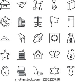 Thin Line Icon Set - lock vector, book, money bag, lawn mower, butterfly, molecule, joint, record, compass, blank box, tie, house, mountains, office building, city, police, fridge, flag, paper plane