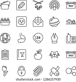 Thin Line Icon Set - lock vector, meeting, stomach, diet, satellite, 24 hours, tulip, network, radio phone, mail, notes, clipboard, paper clip, hr, ink pen, house with tree, sale, rent, wine card