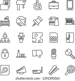 Thin Line Icon Set - lock vector, hierarchy, document search, factory, flower in pot, disabled, plane, loudspeaker, finger down, paper pin, mobile, sim, case, folder, stapler, water supply, key