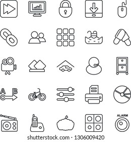 Thin Line Icon Set - lock vector, mouse, printer, pumpkin, pills, bike, support, route, radio, video camera, phone, chain, group, fast forward, menu, tuning, download, application, pie graph, pool