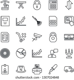 Thin Line Icon Set - lock vector, identity card, printer, rake, well, picnic table, dropper, no trolley, heavy, railroad, vinyl, speaker, sim, data exchange, copybook, pie graph, candle, combination