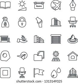 Thin Line Icon Set - lock vector, book, money bag, joint, plane, folder document, stop button, brightness, ink pen, office chair, house, sun panel, rooms, building, omelette, water, jalousie, flag