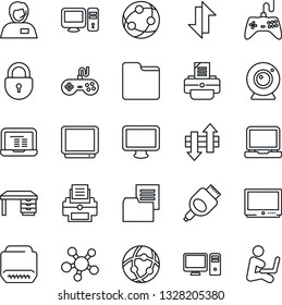 Thin Line Icon Set - lock vector, desk, notebook pc, printer, support, folder document, gamepad, tv, network, monitor, laptop, share, hdmi, data exchange, web camera, man with