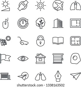 Thin Line Icon Set - lock vector, office building, book, mouse, tree, lawn mower, house, sun, lungs, eye, joint, plane, brightness, ink pen, panel, plan, omelette, jalousie, clock, flag, paper