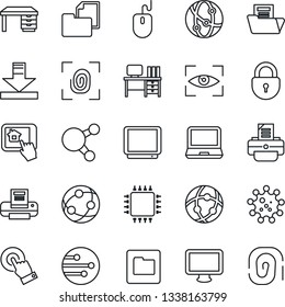 Thin Line Icon Set - lock vector, mouse, desk, printer, virus, folder document, tv, network, touch screen, monitor, laptop pc, share, download, chip, fingerprint, home control app, eye scan