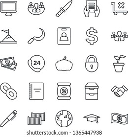 Thin Line Icon Set - lock vector, dollar sign, graduate, document, seedling, sickle, pumpkin, fertilizer, earth, cash, 24 hours, cargo container, no trolley, monitor, chain, archive chest, copybook