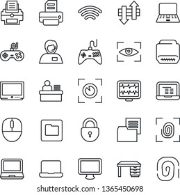 Thin Line Icon Set - lock vector, mouse, desk, notebook pc, printer, monitor pulse, support, folder document, gamepad, tv, laptop, hdmi, data exchange, wireless, manager, fingerprint, eye scan