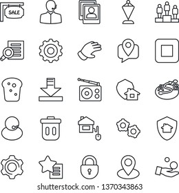 Thin Line Icon Set - lock vector, gear, pedestal, pennant, document search, glove, pin, support, mobile tracking, route, radio, favorites list, stop button, settings, download, photo gallery, sale