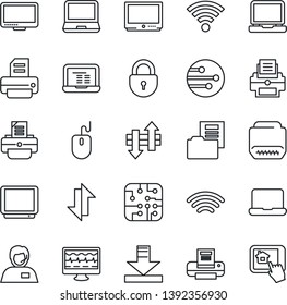 Thin Line Icon Set - lock vector, mouse, notebook pc, printer, monitor pulse, support, tv, laptop, hdmi, network, data exchange, download, wireless, document folder, chip, home control app
